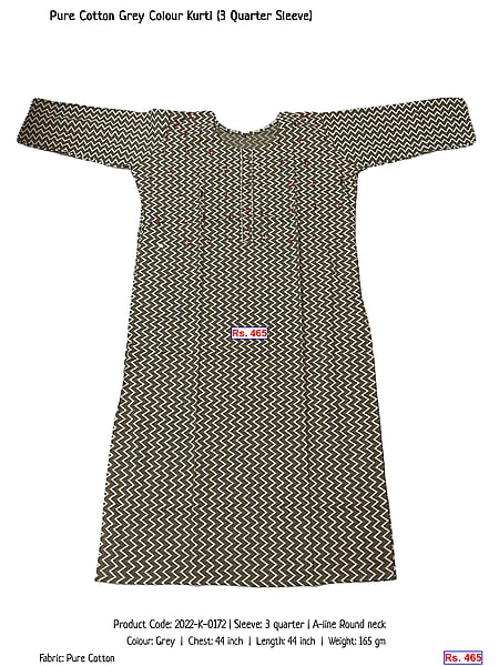 331-pure-cotton-grey-colour-kurti-3-quarter-sleeve | Rs. 465