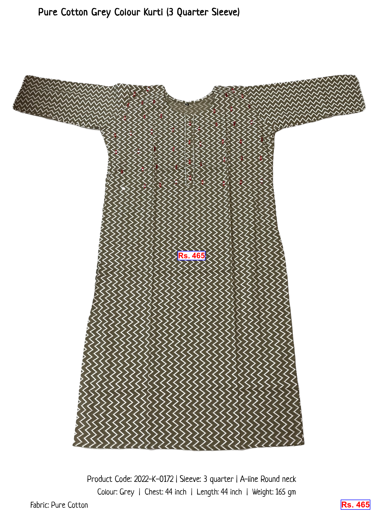Pure Cotton Grey Colour Kurti (3 Quarter Sleeve)