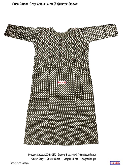 Pure Cotton Grey Colour Kurti (3 Quarter Sleeve) | Rs. 465