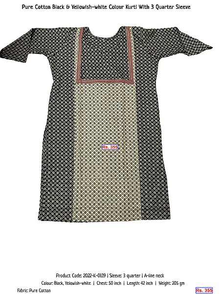 278-pure-cotton-black-yellowish-white-colour-kurti-with-3-quarter-sleeve | Rs. 355