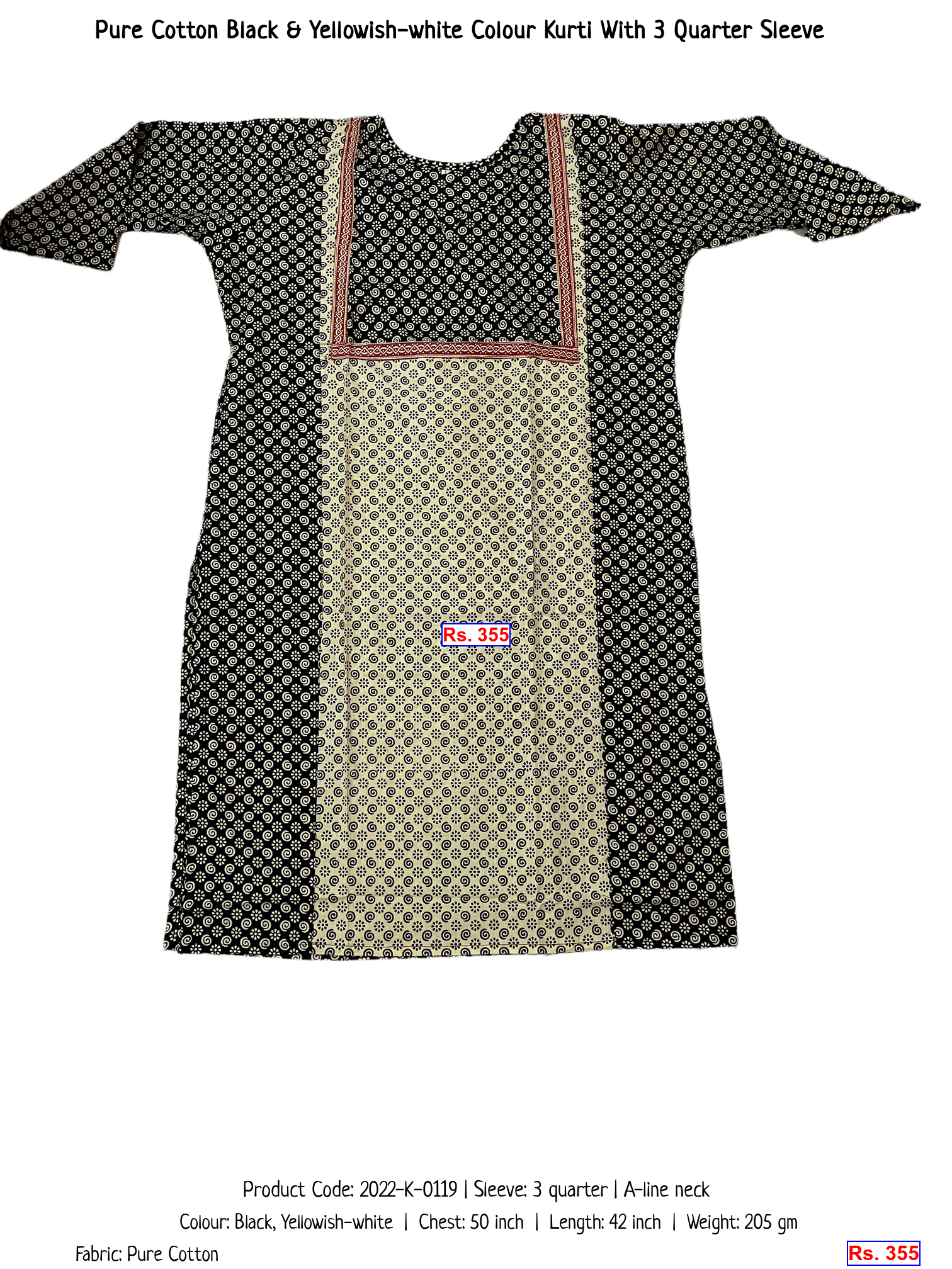 Pure Cotton Black & Yellowish-white Colour Kurti With 3 Quarter Sleeve
