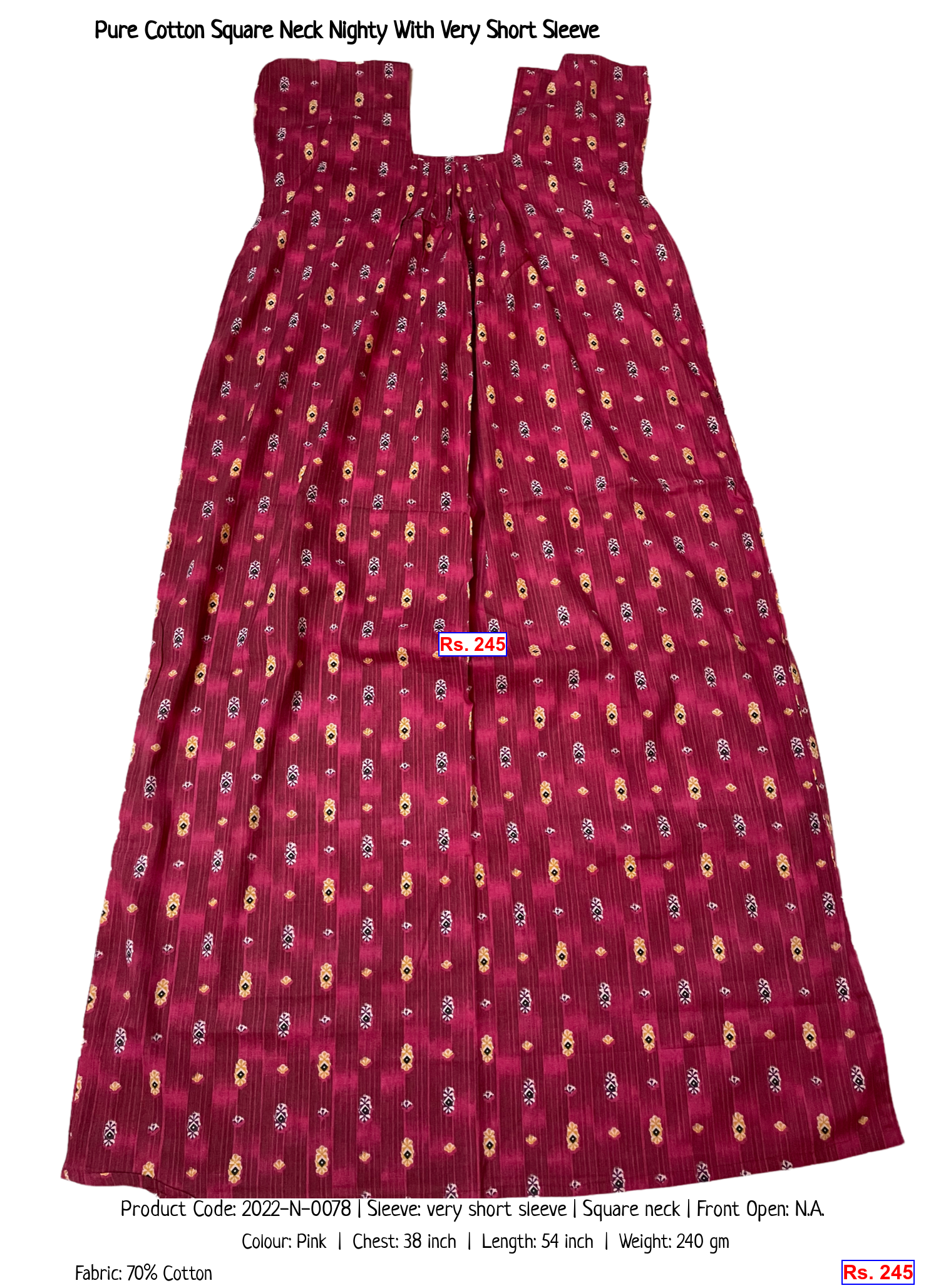 Pure Cotton Square Neck Nighty With Very Short Sleeve