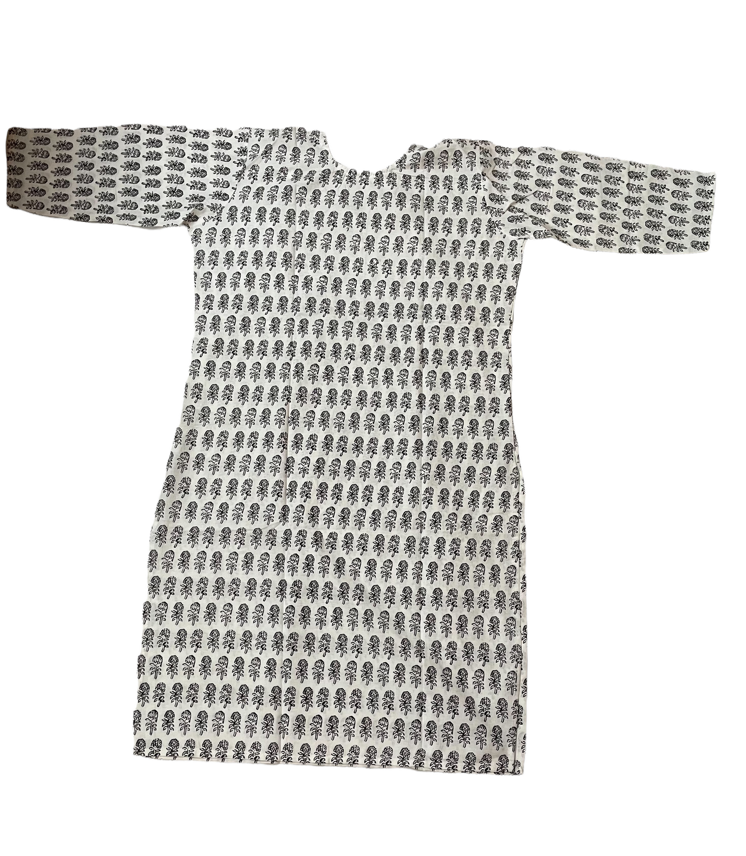 Pure Cotton White Colour Kurti With Black Flowers Print (3 Quarter Sleeve)