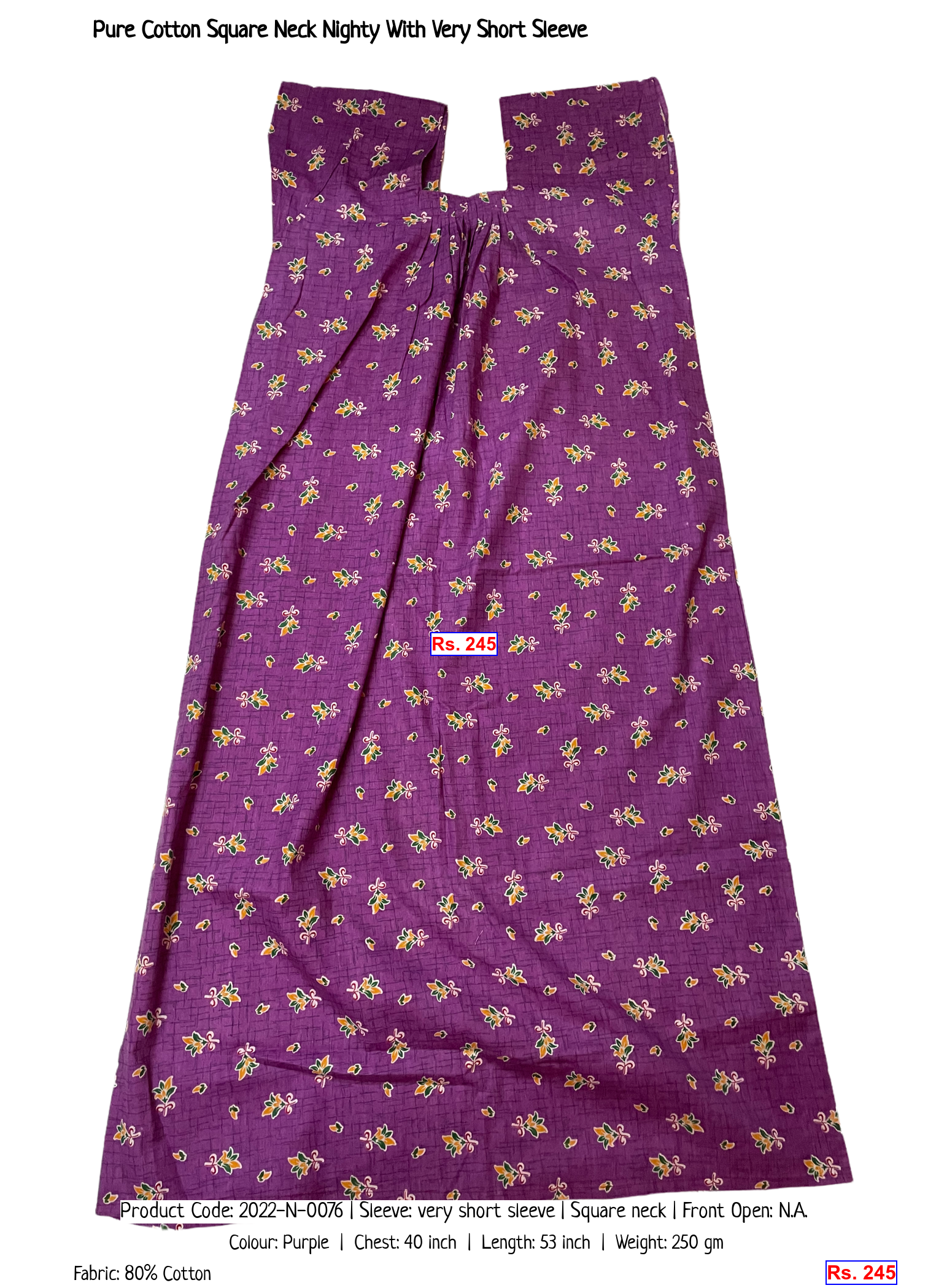 Pure Cotton Square Neck Nighty With Very Short Sleeve