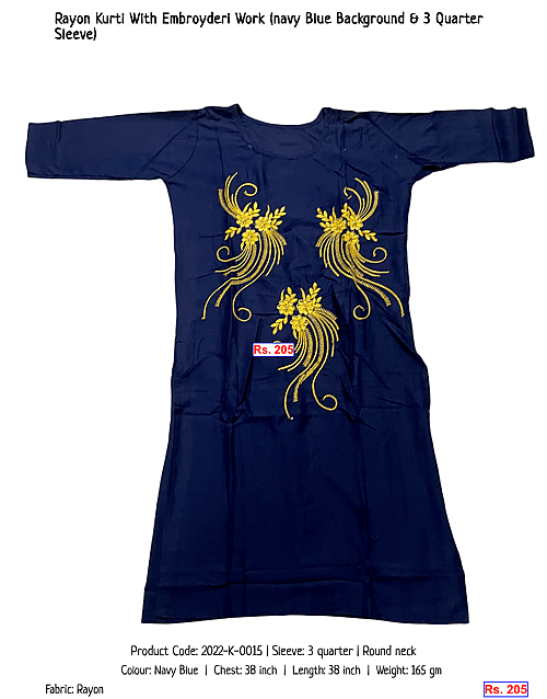 Rayon Kurti With Embroyderi Work (navy Blue Background & 3 Quarter Sleeve) | Rs. 205