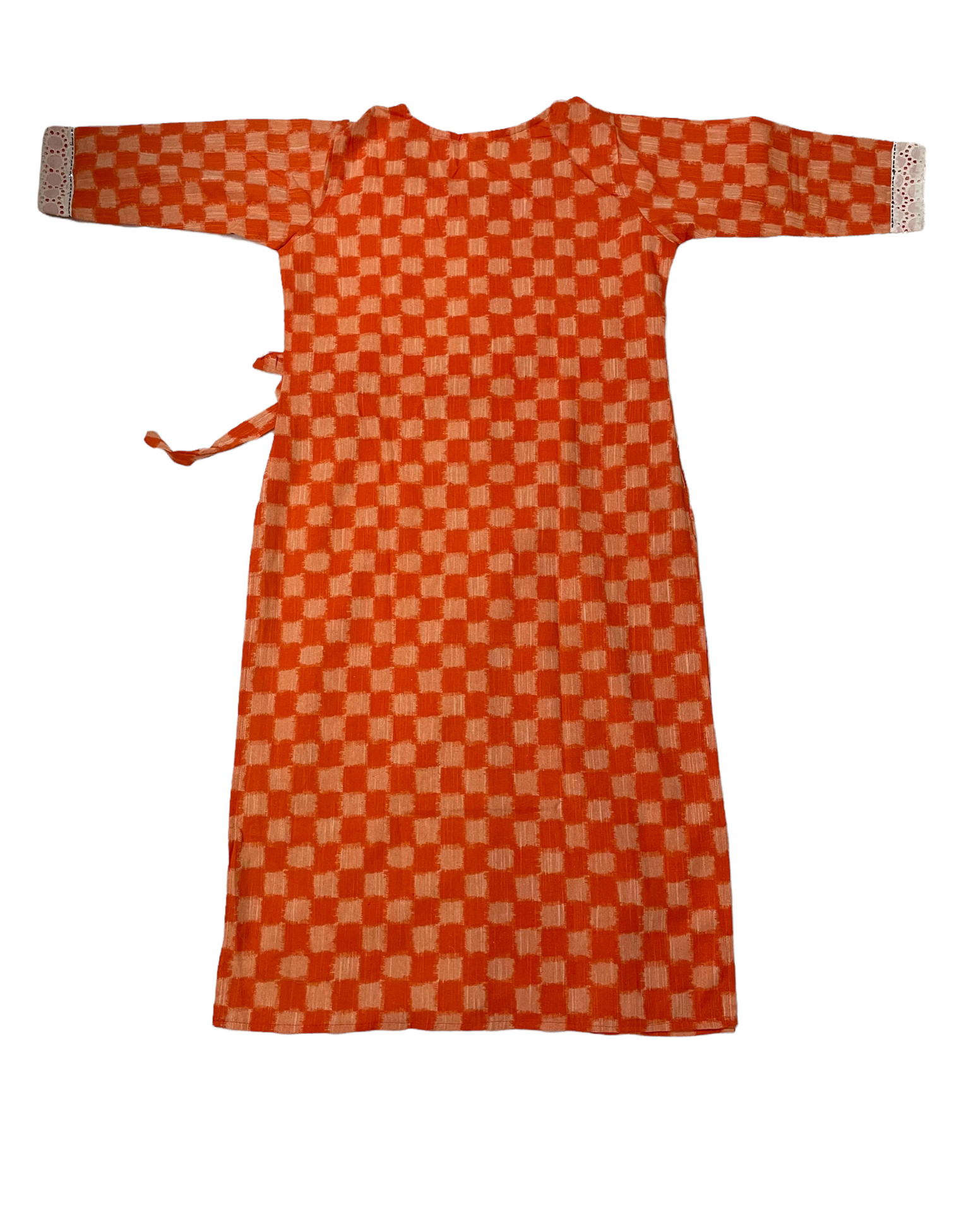 Orange Colour Pure Ikat With White Hakoba Mix & Match Kurti (3 Quarter Sleeve) (Very Good Quality Guranteed)