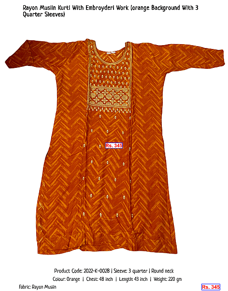 41-rayon-muslin-kurti-with-embroyderi-work-orange-background-with-3-quarter-sleeves | Rs. 345