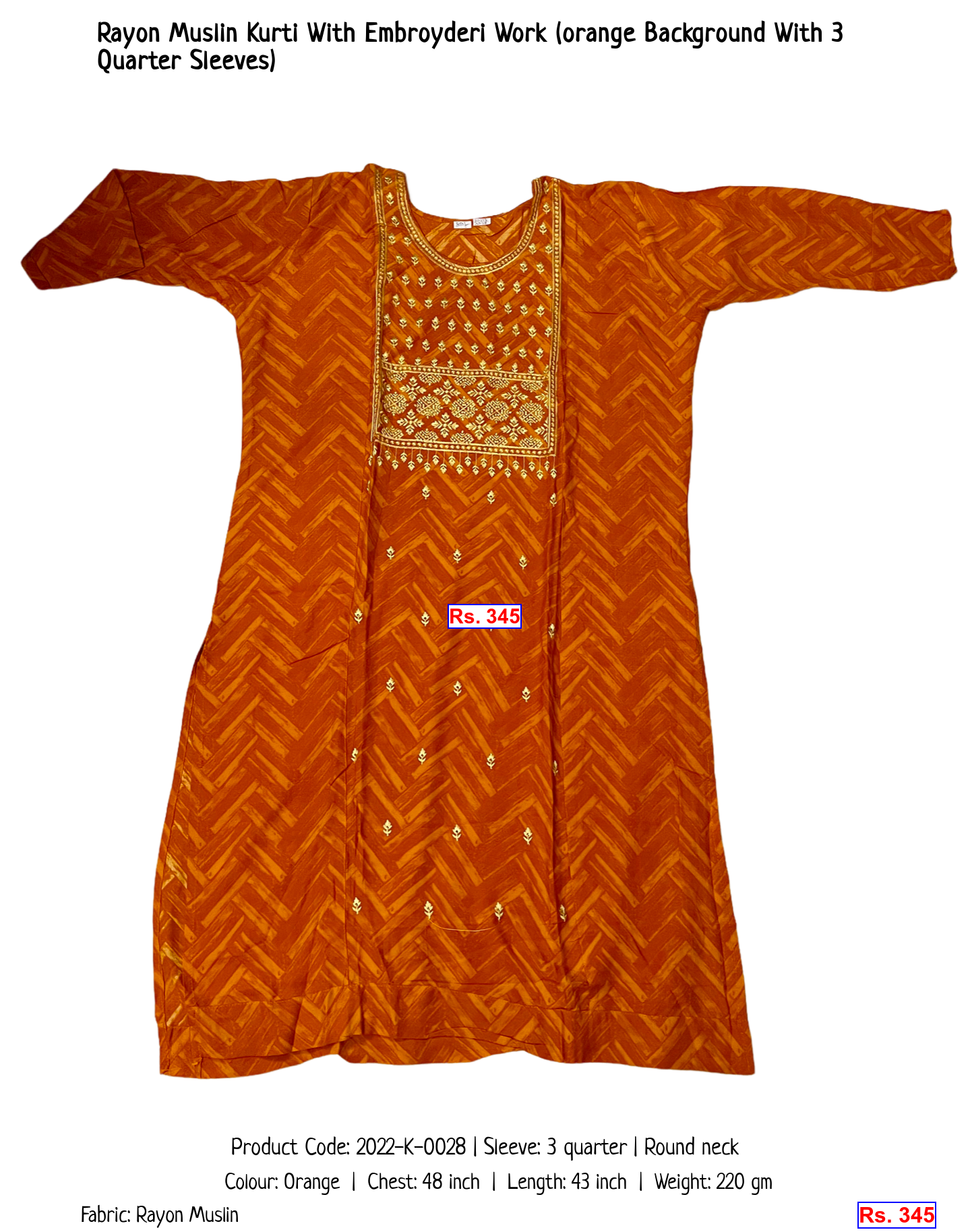 Rayon Muslin Kurti With Embroyderi Work (orange Background With 3 Quarter Sleeves)