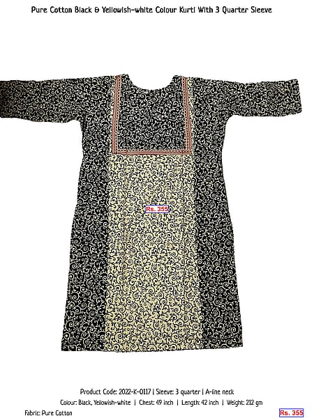 276-pure-cotton-black-yellowish-white-colour-kurti-with-3-quarter-sleeve | Rs. 355