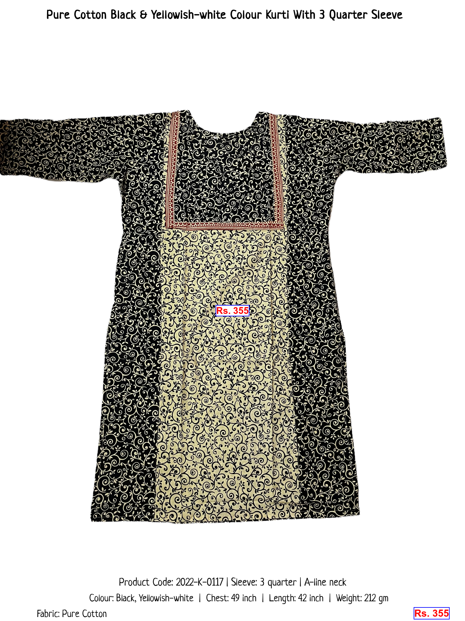 Pure Cotton Black & Yellowish-white Colour Kurti With 3 Quarter Sleeve