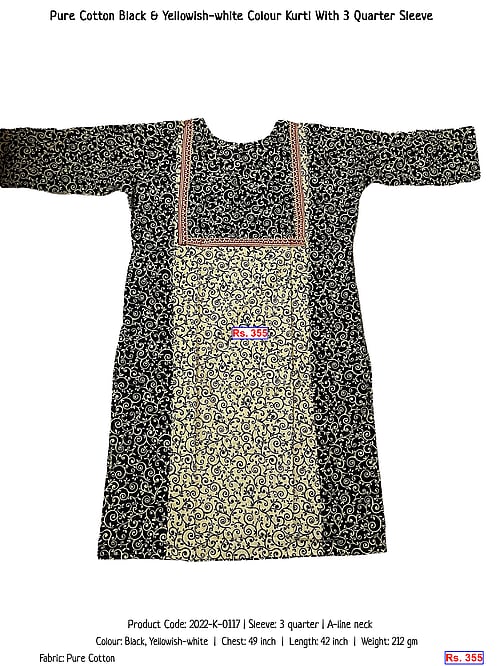 Pure Cotton Black & Yellowish-white Colour Kurti With 3 Quarter Sleeve | Rs. 355