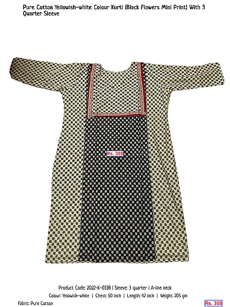 277-pure-cotton-yellowish-white-colour-kurti-black-flowers-mini-print-with-3-quarter-sleeve | Rs. 355