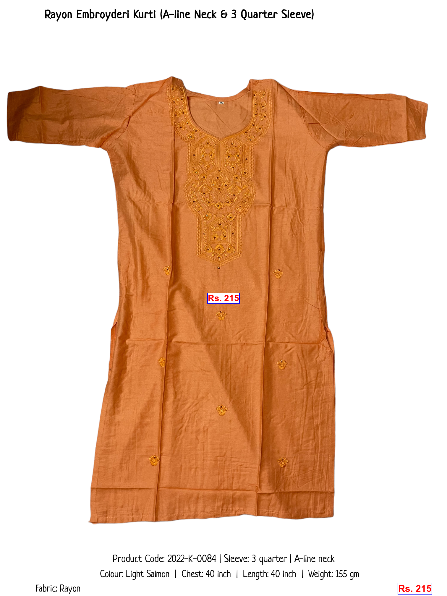 Rayon Embroyderi Kurti (A-line Neck & 3 Quarter Sleeve)