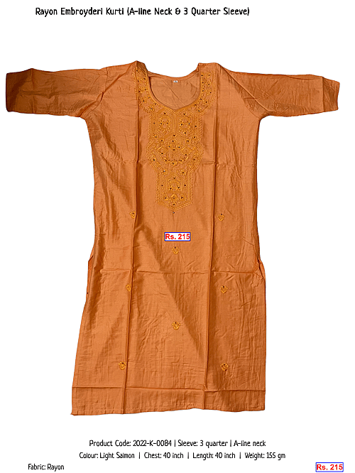 Rayon Embroyderi Kurti (A-line Neck & 3 Quarter Sleeve) | Rs. 215