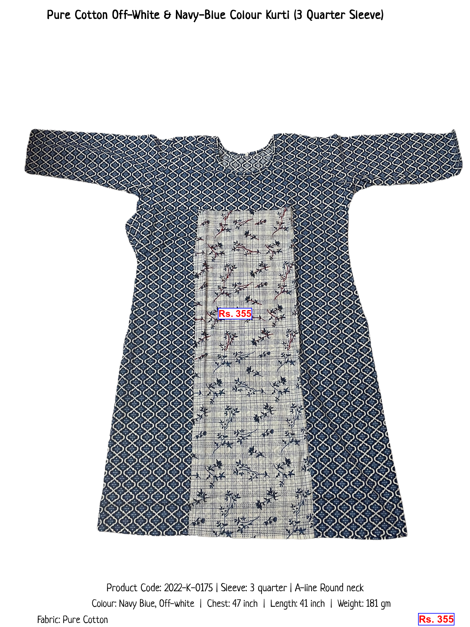 Pure Cotton Off-White & Navy-Blue Colour Kurti (3 Quarter Sleeve)