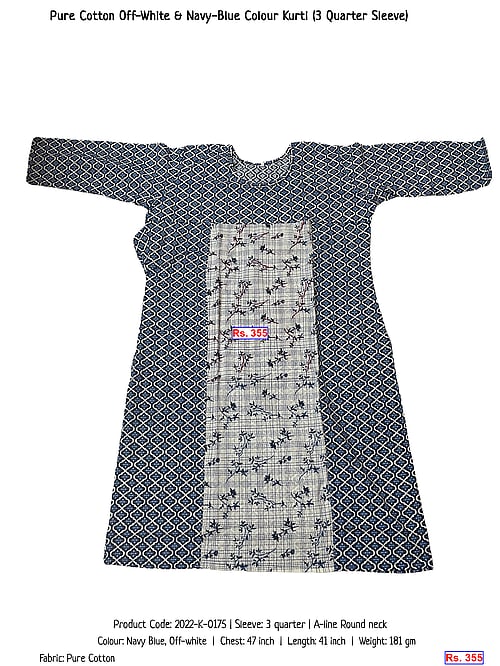 Pure Cotton Off-White & Navy-Blue Colour Kurti (3 Quarter Sleeve) | Rs. 355