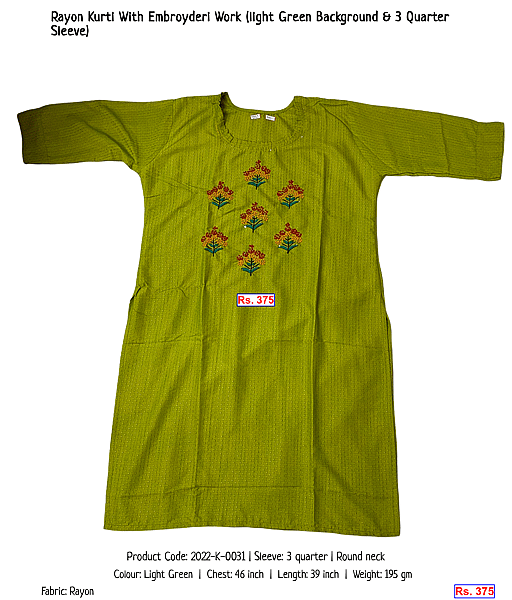 44-rayon-kurti-with-embroyderi-work-light-green-background-3-quarter-sleeve | Rs. 375