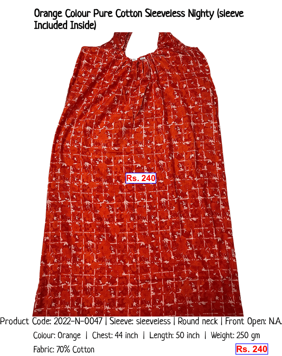 Orange Colour Pure Cotton Sleeveless Nighty (sleeve Included Inside)