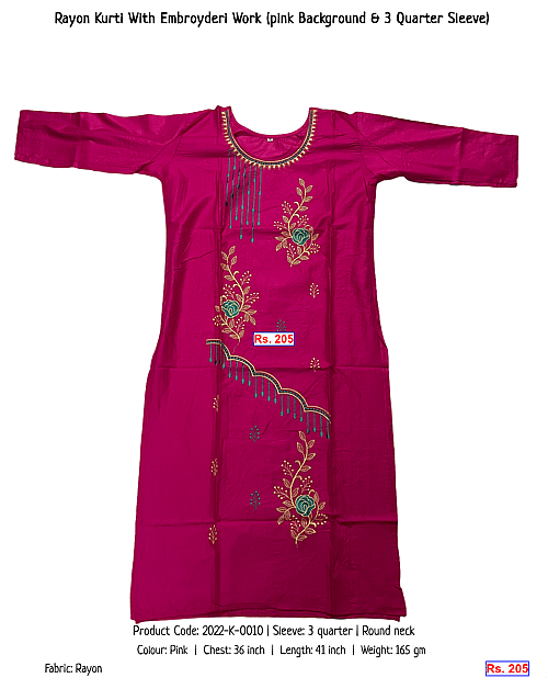 Rayon Kurti With Embroyderi Work (pink Background & 3 Quarter Sleeve) | Rs. 205