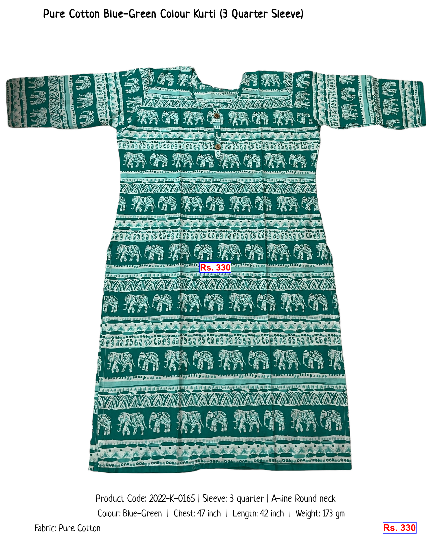 Pure Cotton Blue-Green Colour Kurti (3 Quarter Sleeve)