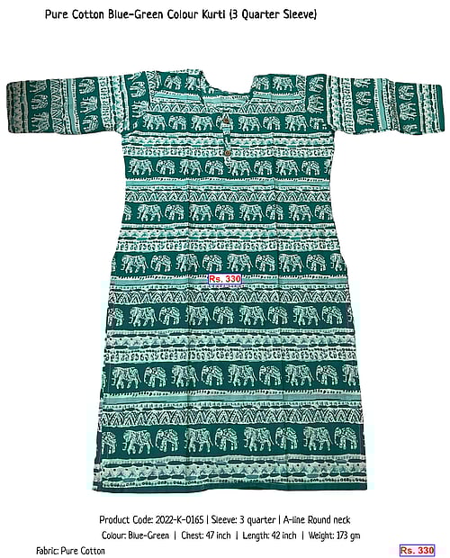 Pure Cotton Blue-Green Colour Kurti (3 Quarter Sleeve) | Rs. 330