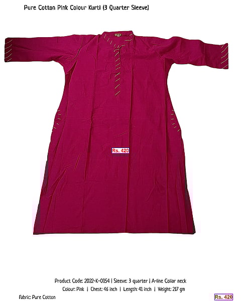313-pure-cotton-pink-colour-kurti-3-quarter-sleeve | Rs. 420