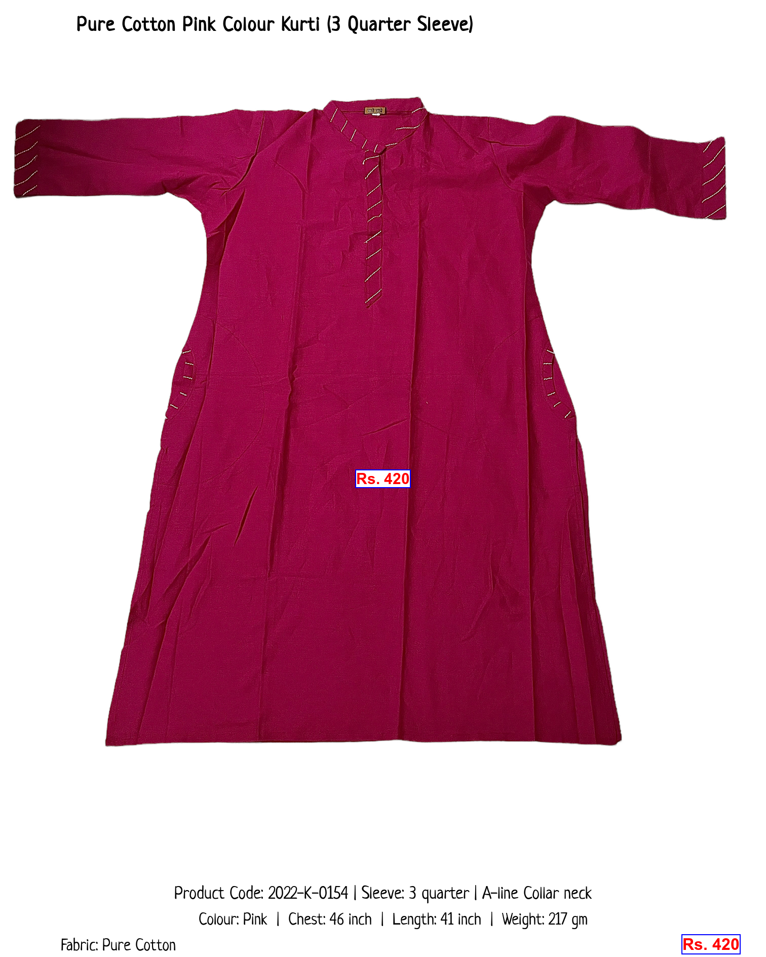 Pure Cotton Pink Colour Kurti (3 Quarter Sleeve)