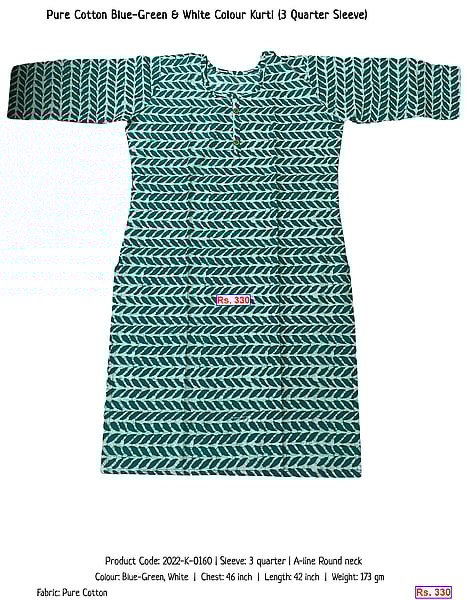 319-pure-cotton-blue-green-white-colour-kurti-3-quarter-sleeve | Rs. 330