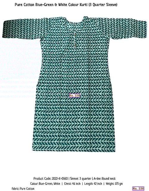 Pure Cotton Blue-Green & White Colour Kurti (3 Quarter Sleeve) | Rs. 330