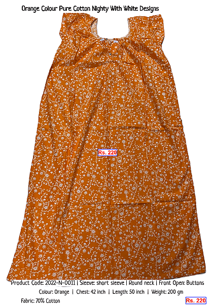 86-orange-colour-pure-cotton-nighty-with-white-designs | Rs. 220