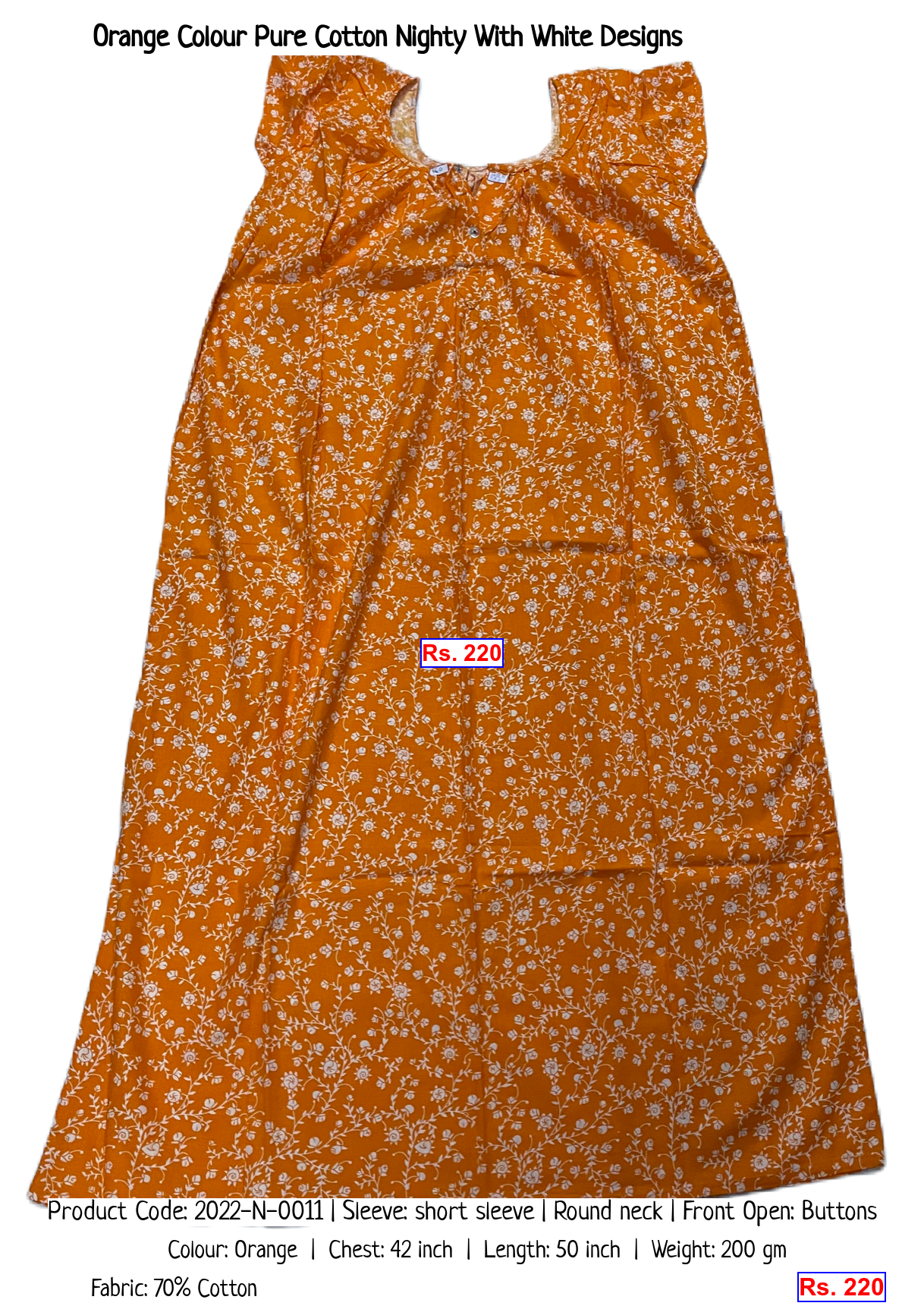Orange Colour Pure Cotton Nighty With White Designs