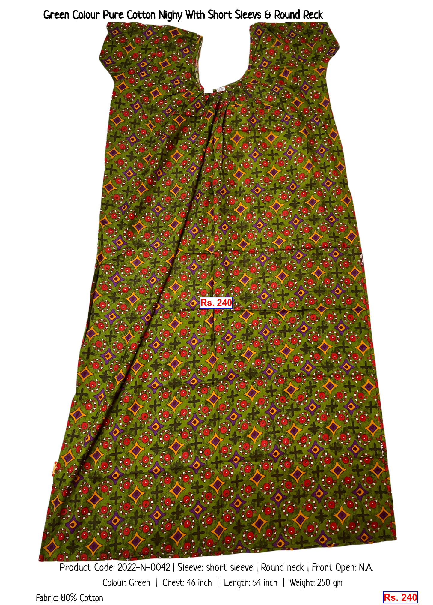 Green Colour Pure Cotton Nighy With Short Sleevs & Round Reck