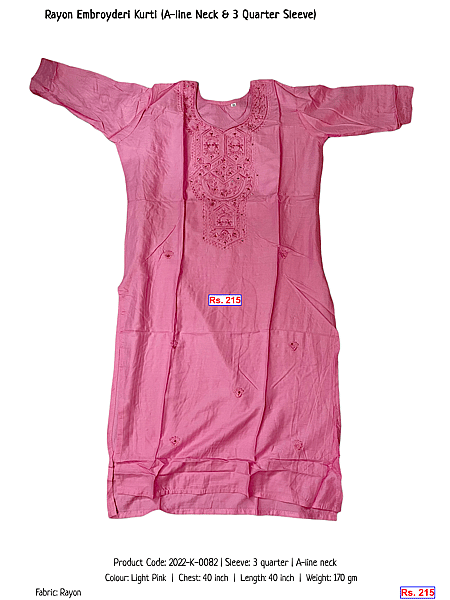 226-rayon-embroyderi-kurti-a-line-neck-3-quarter-sleeve | Rs. 215