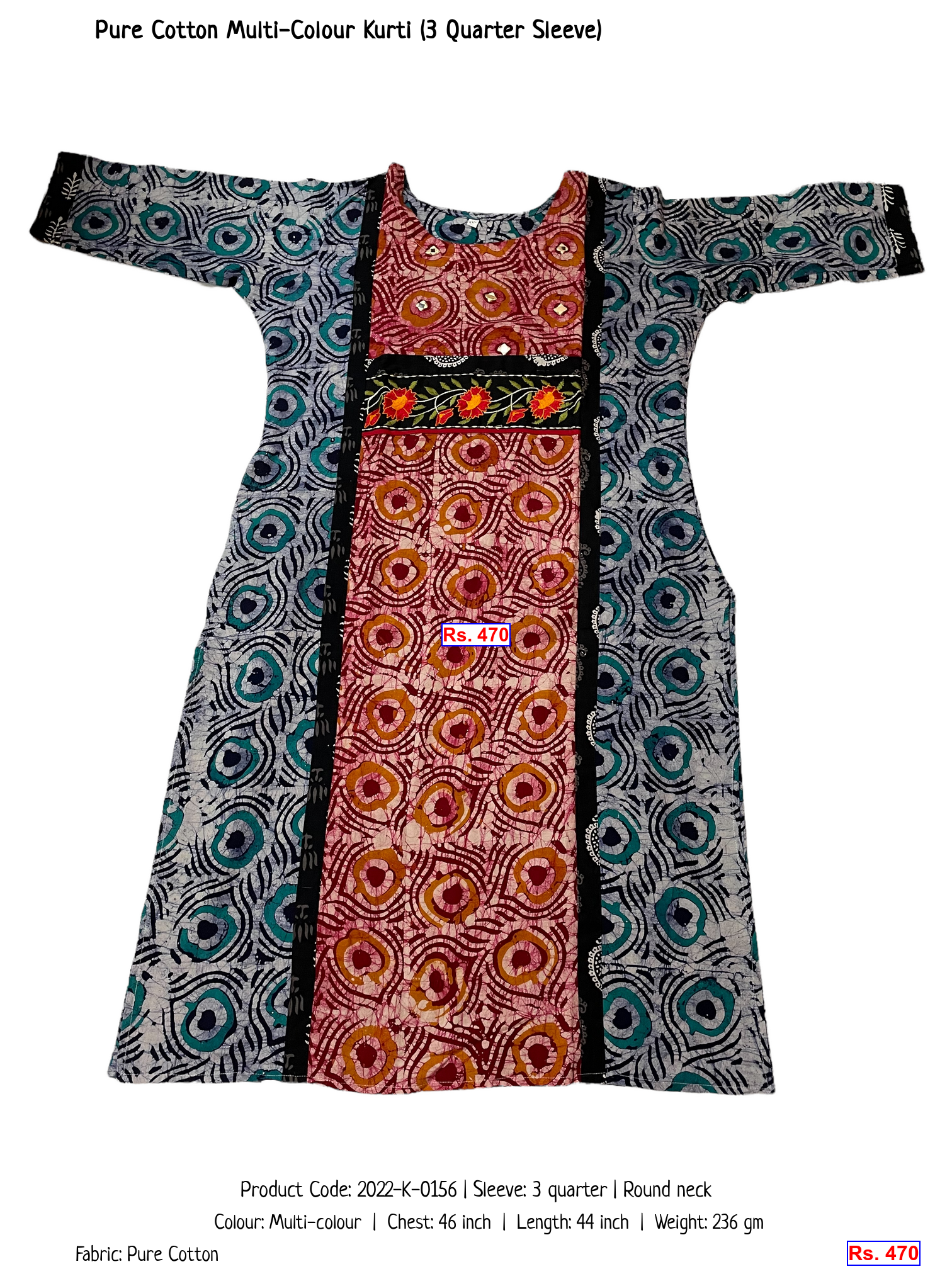 Pure Cotton Multi-Colour Kurti (3 Quarter Sleeve)