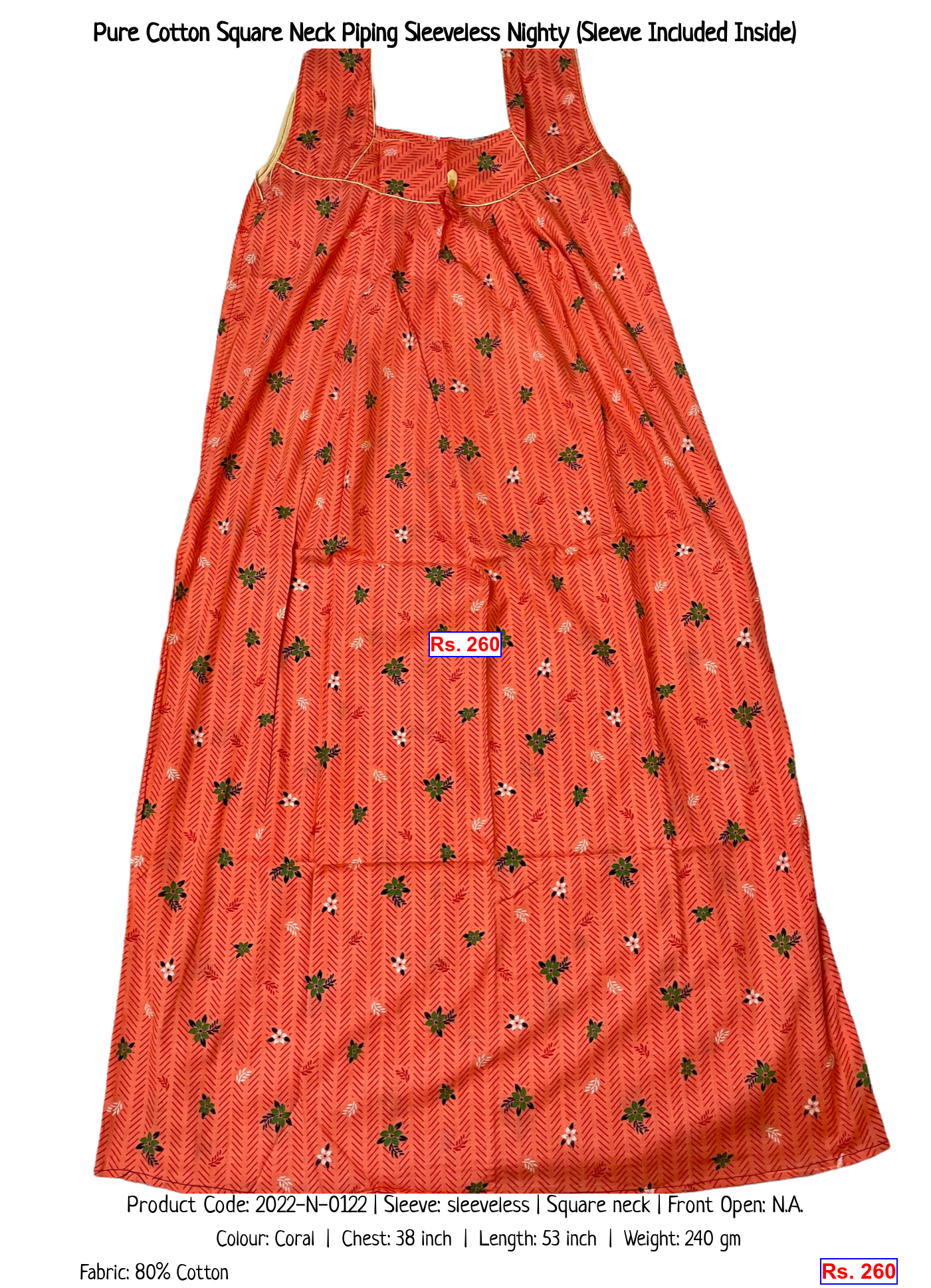 Pure Cotton Square Neck Piping Sleeveless Nighty (Sleeve Included Inside)