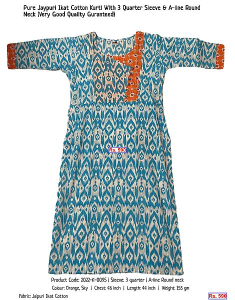 239-pure-jaypuri-ikat-cotton-kurti-with-3-quarter-sleeve-a-line-round-neck-very-good-quality-guranteed | Rs. 590