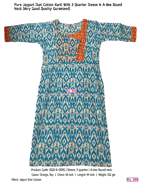 Pure Jaypuri Ikat Cotton Kurti With 3 Quarter Sleeve & A-line Round Neck (Very Good Quality Guranteed) | Rs. 590