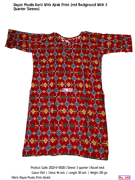 33-rayon-muslin-kurti-with-ajrak-print-red-background-with-3-quarter-sleeves | Rs. 345