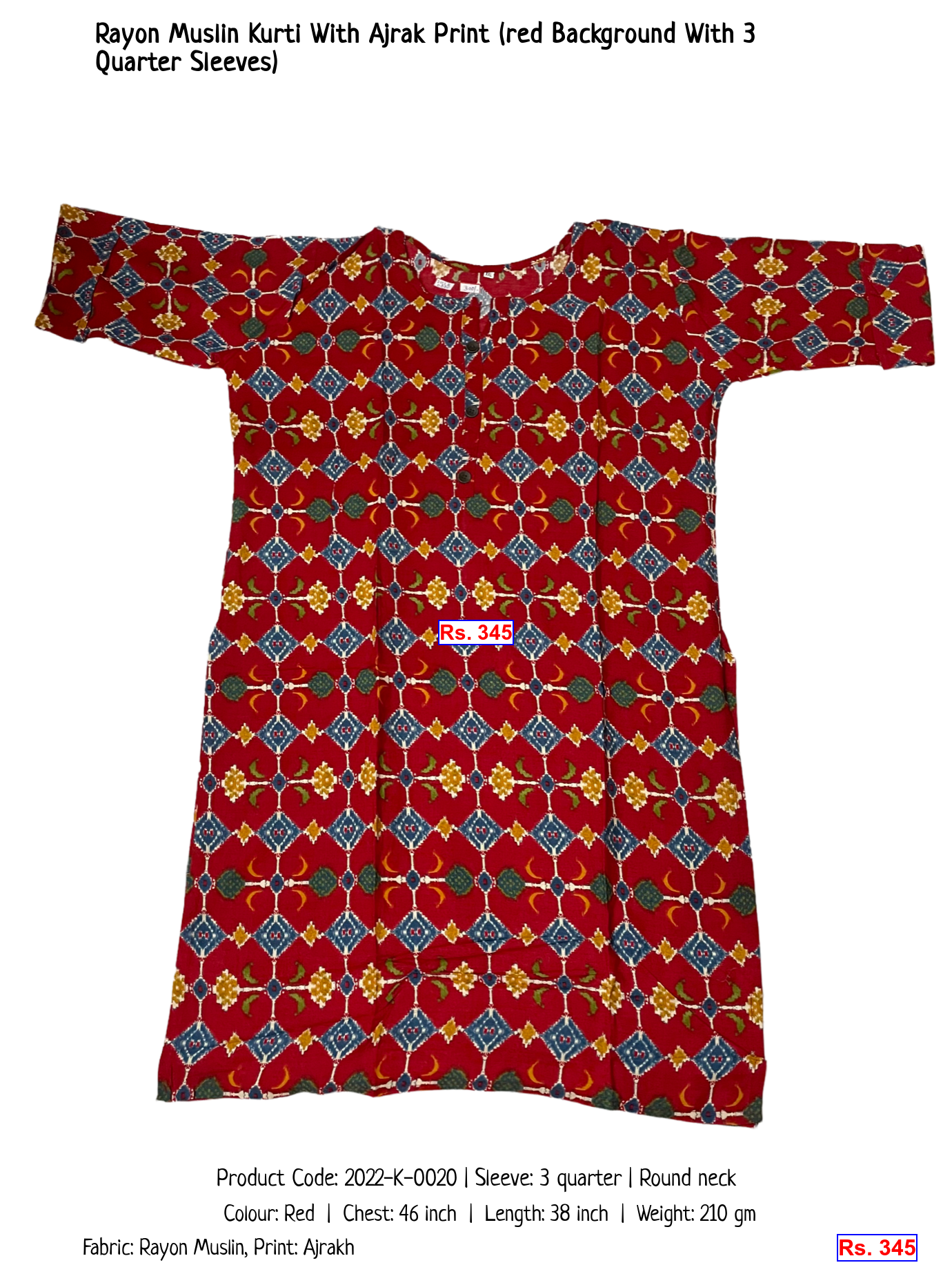 Rayon Muslin Kurti With Ajrak Print (red Background With 3 Quarter Sleeves)