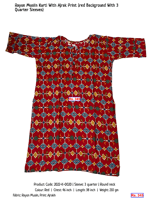 Rayon Muslin Kurti With Ajrak Print (red Background With 3 Quarter Sleeves) | Rs. 345