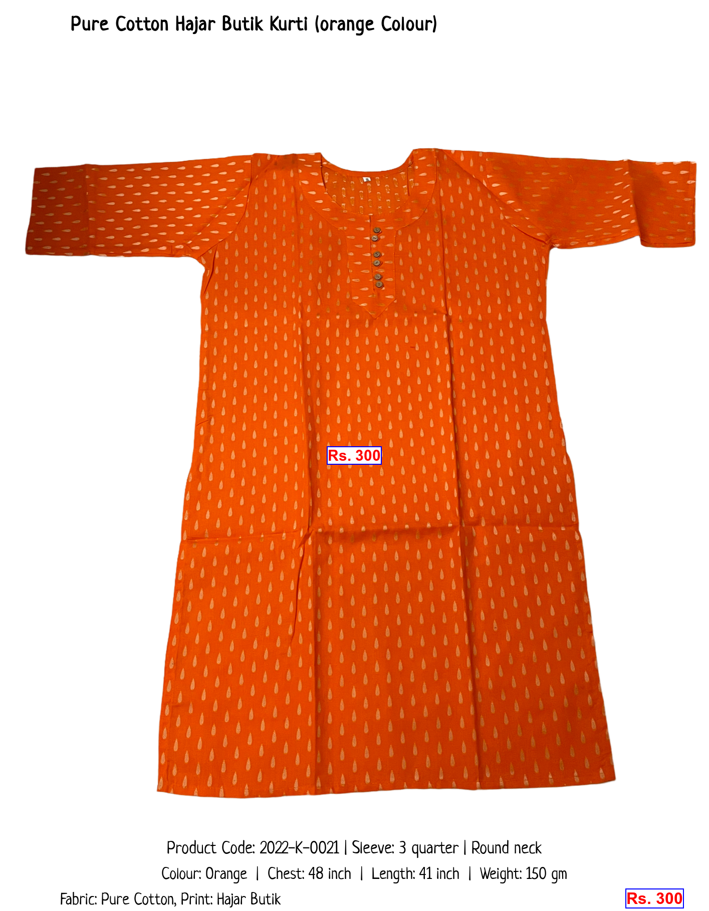 Pure Cotton Hajar Butik Kurti (orange Colour)
