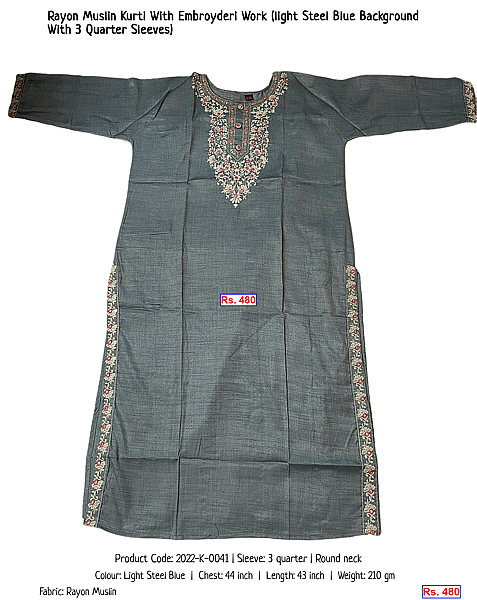 53-rayon-muslin-kurti-with-embroyderi-work-light-steel-blue-background-with-3-quarter-sleeves | Rs. 480
