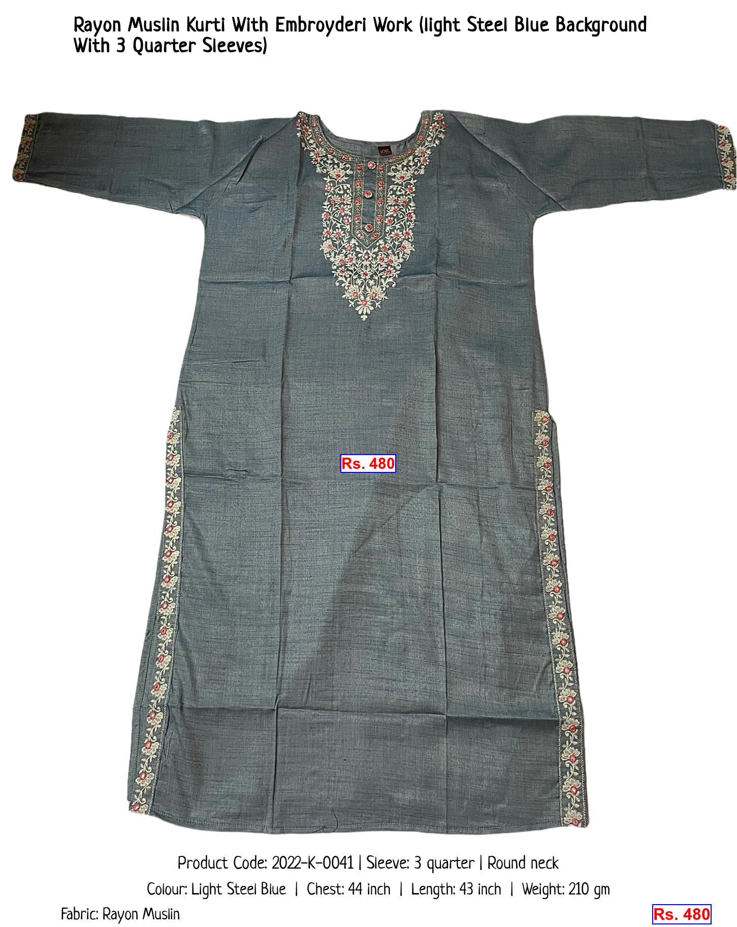 Rayon Muslin Kurti With Embroyderi Work (light Steel Blue Background With 3 Quarter Sleeves)