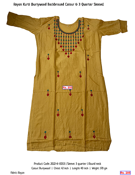 65-rayon-kurti-burlywood-backbround-colour-3-quarter-sleeve | Rs. 205