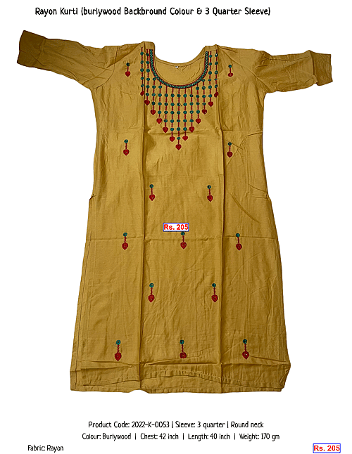 Rayon Kurti (burlywood Backbround Colour & 3 Quarter Sleeve) | Rs. 205