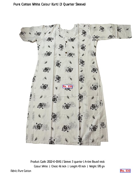 304-pure-cotton-white-colour-kurti-3-quarter-sleeve | Rs. 330