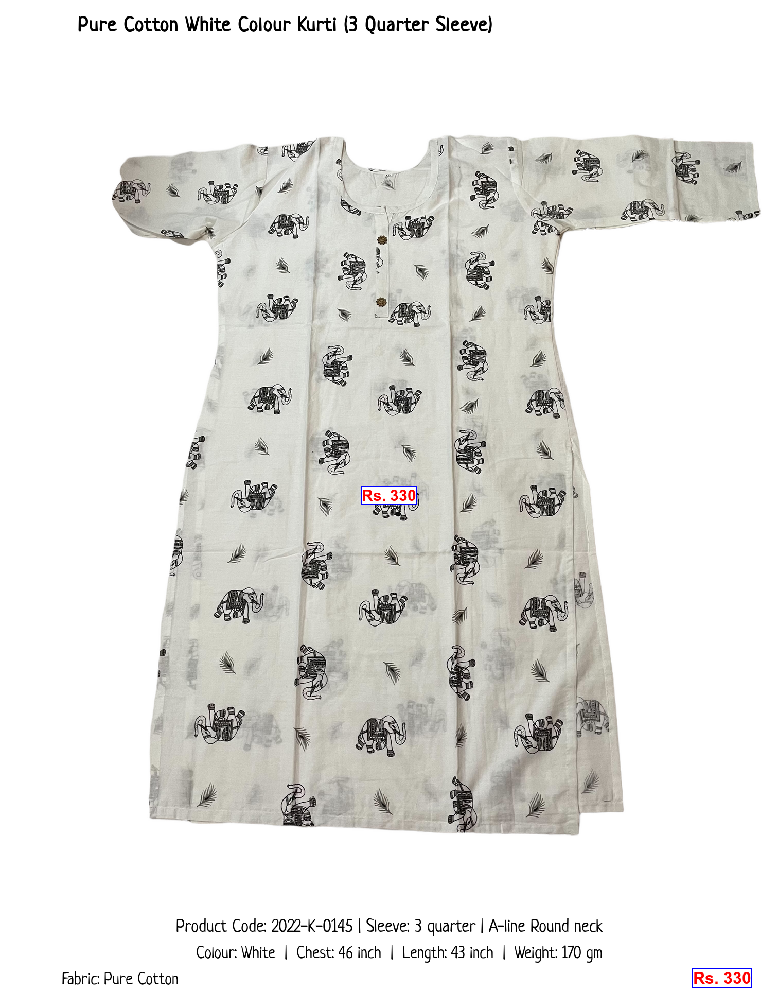 Pure Cotton White Colour Kurti (3 Quarter Sleeve)