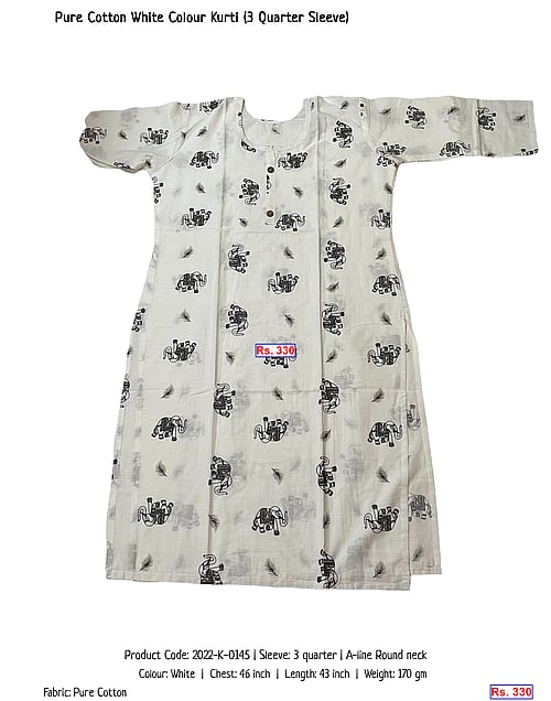 Pure Cotton White Colour Kurti (3 Quarter Sleeve) | Rs. 330