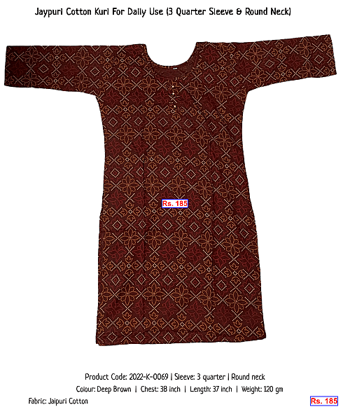 Jaypuri Cotton Kuri For Daily Use (3 Quarter Sleeve & Round Neck) | Rs. 185