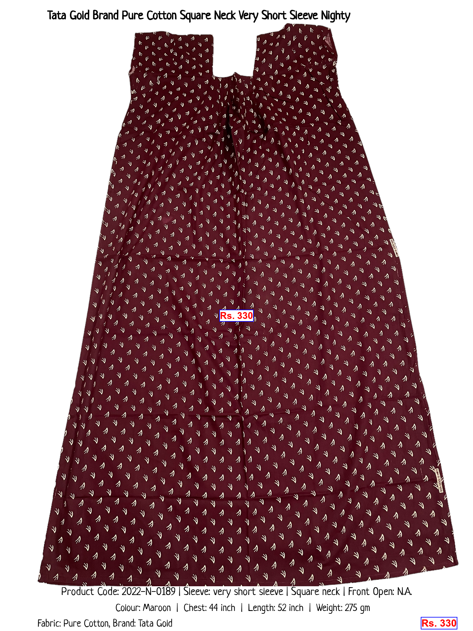 Tata Gold Brand Pure Cotton Square Neck Very Short Sleeve Nighty